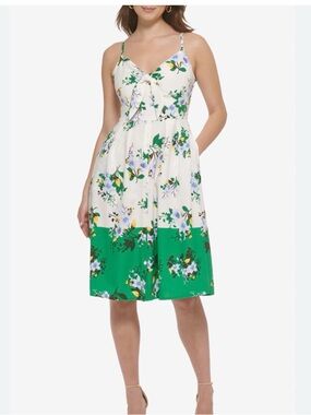 Kensie Ivory Floral Tie-Front Sundress w/Blue, Green, Yellow, pinup vintage
